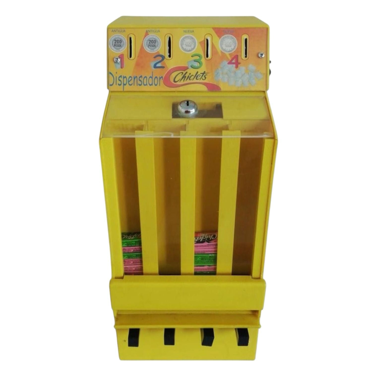 Dispensador de Chiclets Adams | 4 Compartimentos | Mecánico con Llave | Color Amarillo