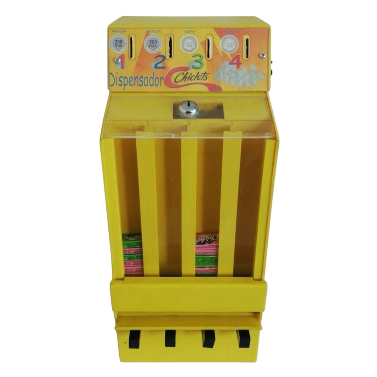 Dispensador de Chiclets Adams | 4 Compartimentos | Mecánico con Llave | Color Amarillo