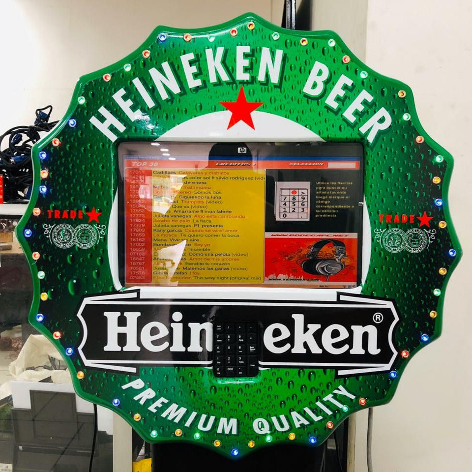 Rockola Heineken Beer Bluetooth USB karaoke 600W 2 parlantes Pantalla 19 a 32 Pulgadas